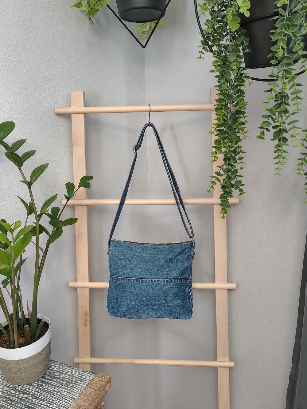 Handmade Y2k Boho Western Denim Crossbody Shoulder Bag with Bead Accents - Blue - Picture 2 of 14